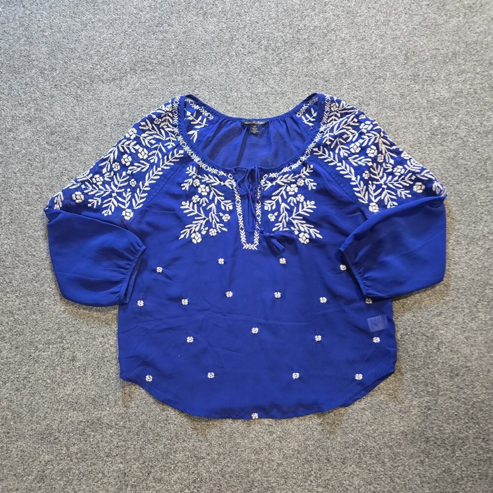 American Eagle Top Womens Small Blue Sheer Tan Embroidery Boho Peasant Casual